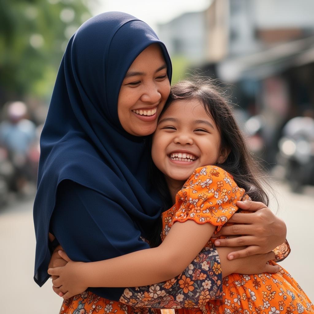 Seorang ibu berhijab memeluk anak perempuan dengan penuh kasih sayang